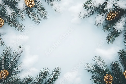 Pine tree branches and pine cones on the snowy surface. Christmas decoration background with place for text. Xmas border. AI-generated