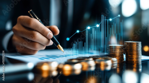 Anlageberater entwickelt eine Finanzstrategie für den Vermögensaufbau, Unternehmensberater zeigt eine Businessstrategie zur Optimierung von Umsatz und Gewinn auf, Dynamische Diagramme und Charts