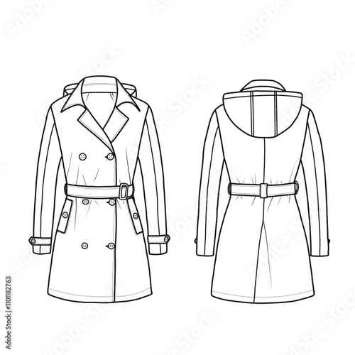 Women's trench coat double-breasted classic lapel overcoat belted. Outwear coat with detachable hood drawing template line art. Front and back view.