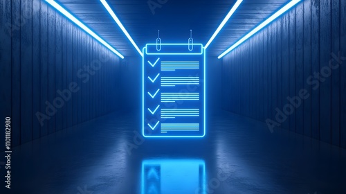 Neon Checklist in Futuristic Corridor