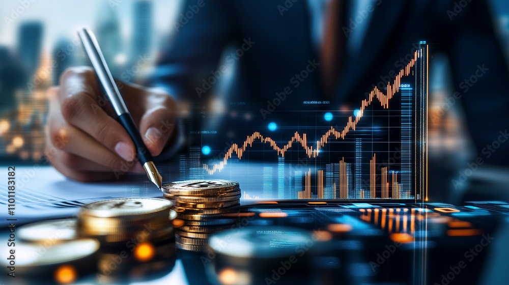 Anlageberater entwickelt eine Finanzstrategie für den Vermögensaufbau, Unternehmensberater zeigt eine Businessstrategie zur Optimierung von Umsatz und Gewinn auf, Dynamische Diagramme und Charts Anlageberater entwickelt eine Finanzstrategie für den Vermögensaufbau, Unternehmensberater zeigt eine Businessstrategie zur Optimierung von Umsatz und Gewinn auf, Dynamische Diagramme und Charts