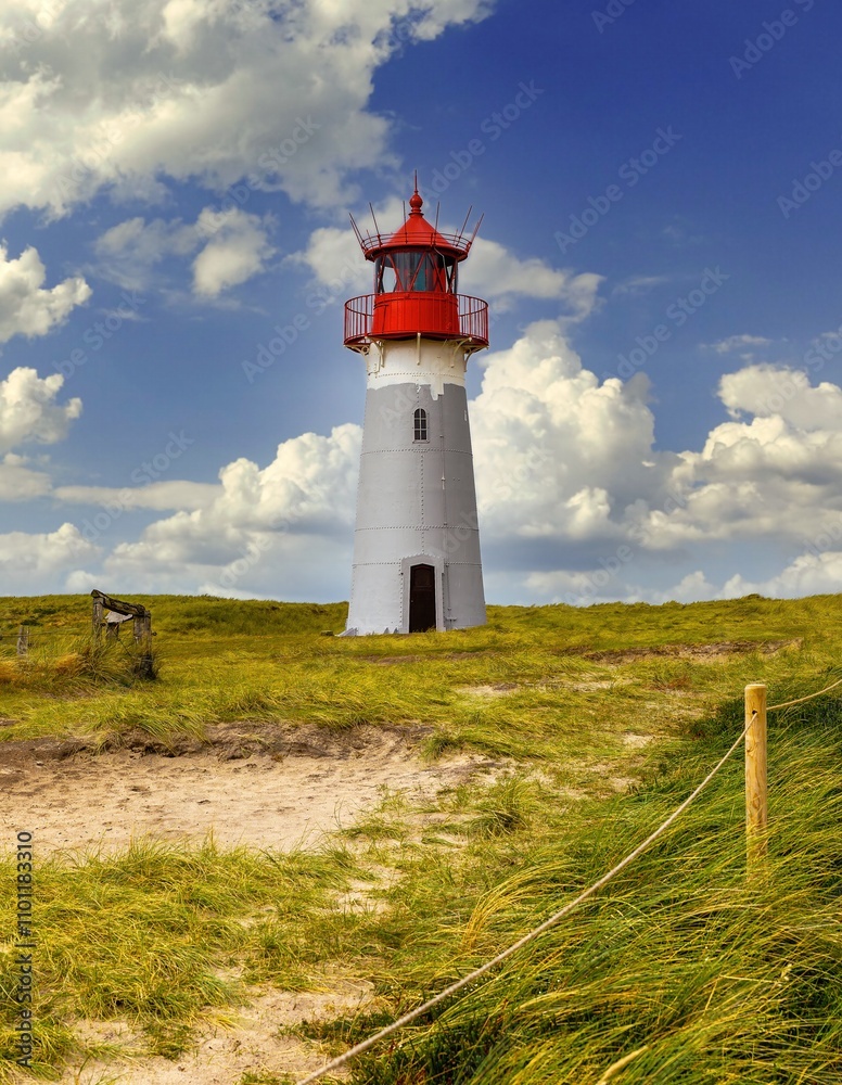 historical lighthouse in the beautiful nature at the elbow on Sylt