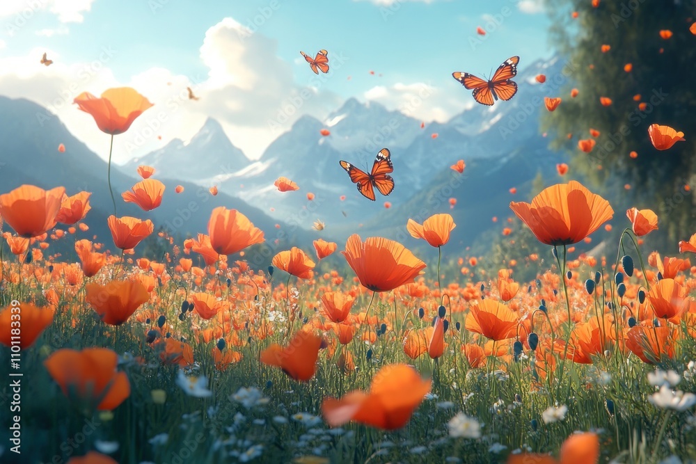 Obraz premium A field of vibrant orange poppies with snow capped mountains in the background and butterflies flying above.