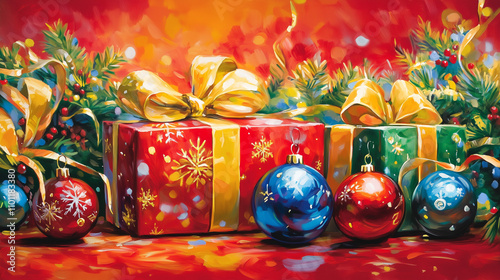 Christmas vertical gifts and ornaments create a festive atmosphere, perfect for holiday celebrations. The vibrant red background enhances the joyful and cheerful mood of the season


