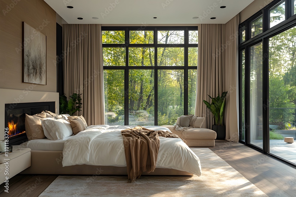 Fototapeta premium Luxury bedroom with fireplace and floor-to-ceiling windows