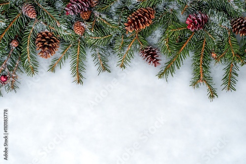 Pine tree branches and pine cones on the snowy surface. Christmas decoration background with place for text. Xmas border. AI-generated