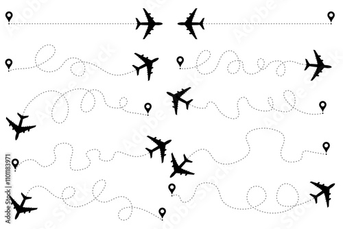 A vector collection of icons illustrating an aircraft flight route, featuring a starting point and a dashed line trajectory.
