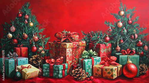 Christmas vertical gifts and ornaments create a festive atmosphere, perfect for holiday celebrations. The vibrant red background enhances the joyful and cheerful mood of the season


