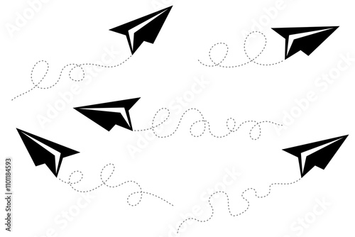 A collection of vector pictograms illustrating the flight route of a paper airplane with a starting point and a trajectory in the form of a dotted line.