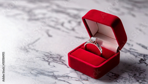 Un hermoso anillo de compromiso en una caja de joyería rodeada de rosas para el día de San Valentín. Bodas, amor, parejas photo