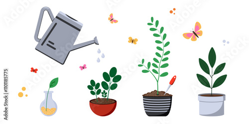 Colorful plants grow in various pots while a watering can showers them