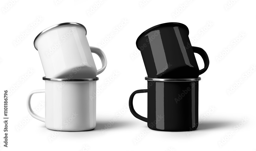 Mockup of white, black metal mugs with silver rim, stacked one inside another, presentation for design, branding. Set Mockup of white, black metal mugs with silver rim, stacked one inside another, presentation for design, branding. Set