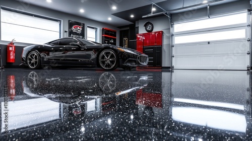 Sleek black car in a modern garage.
