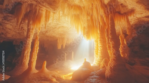 Majestic Underground Cave with Stalactites and Stalagmites in Golden Light photo