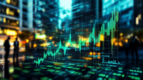 Alltag an der Wall Street mit volatilen Kursentwicklungen, Darstellung von Aktienmärkten auf großem Monitor, Börsenhandel Kursverlauf und Kursschwankungen photo