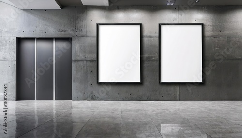 Billboards Vertical Frames Mockup in Contemporary Concrete Office Space
