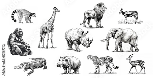 African animals sketch, leopard, elephant, lion and crocodile etching illustrations set isolated on white. Black and white drawing