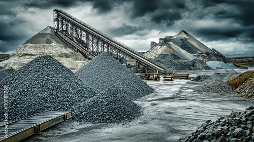 Industrial production line for crushed stone and gravel at a mining facility under cloudy skies photo