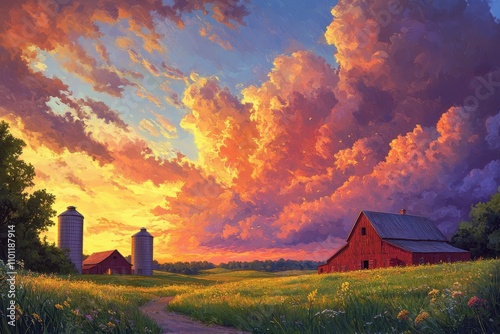 Stunning Rural Sunset Over Farm with Vibrant Clouds and Rustic Barns in Lush Green Field photo