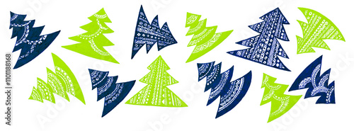 A set of Christmas trees filled with ornaments. Green, blue colors. Isolated on white background. Geometric ornament. Lines, zigzags, circles, dots. All elements are different. Christmas decor.