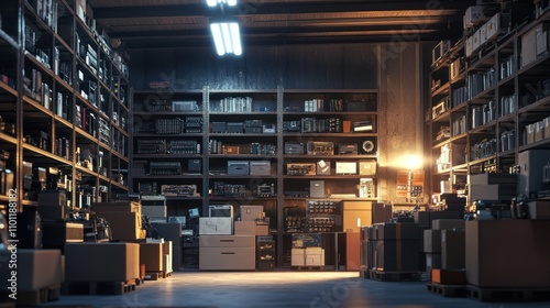 Dark warehouse filled with vintage electronics and books. photo