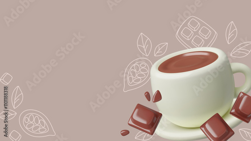Cocoa and chocolate poster background with 3d realistic chocolate drink and blocks with cocoa beans doodles. Vector design with copy space.