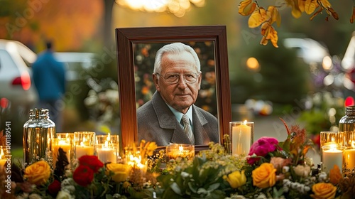 A framed portrait of a deceased man sits amidst lit candles and autumnal flowers at a memorial service.