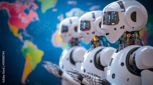 Robotic language translation devices facilitating communication at an international conference, diplomatic event with automated translation services, Global Diplomacy style photo