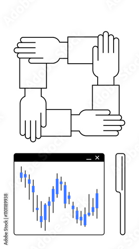 Four hands forming a square symbolizing teamwork, financial candlestick chart on a screen with pen. Ideal for finance, collaboration, data analysis, teamwork, blockchain, business strategy, project