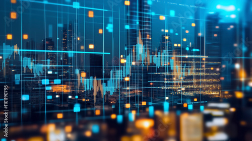 Grafische Elemente Analysen und Trendprognosen, Präsentation mit dynamische Diagramme und Graphen, digitaler Kursverlauf Markttrend Trading Analytik Charts