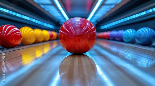 bowling alley multicolored balls on a rac photo