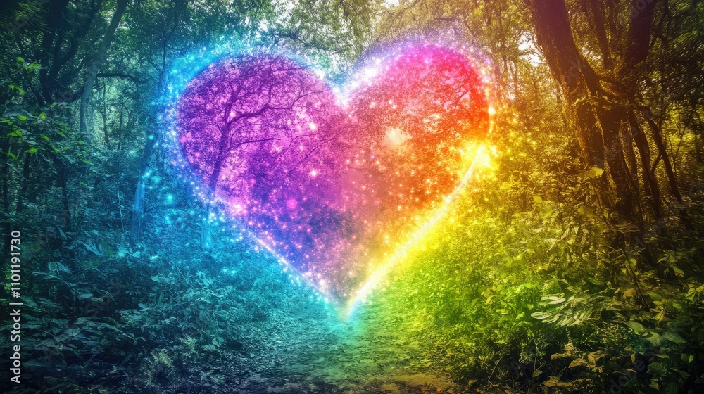 Fototapeta premium Colorful fantasy heart, light beam, green forest field