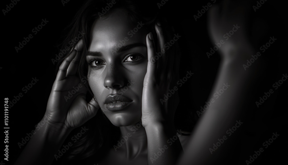 Fototapeta premium Black and White Portrait of a Woman with Hands Framing Her Face, Expressive Eyes, and Dramatic Shadows in Low-Key Lighting Style