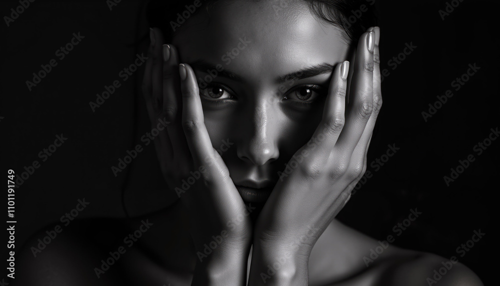 Black and White Portrait of a Woman with Hands Framing Her Face, Expressive Eyes, and Dramatic Shadows in Low-Key Lighting Style Black and White Portrait of a Woman with Hands Framing Her Face, Expressive Eyes, and Dramatic Shadows in Low-Key Lighting Style