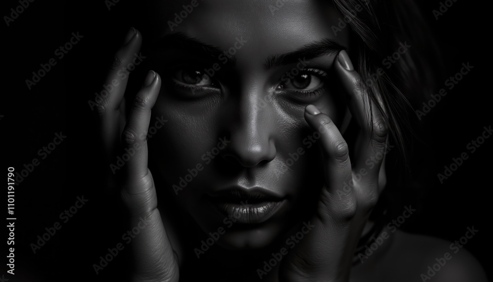 Black and White Portrait of a Woman with Hands Framing Her Face, Expressive Eyes, and Dramatic Shadows in Low-Key Lighting Style Black and White Portrait of a Woman with Hands Framing Her Face, Expressive Eyes, and Dramatic Shadows in Low-Key Lighting Style