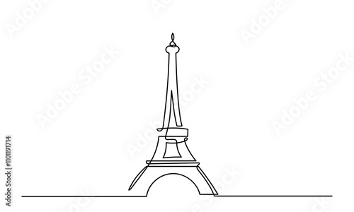 A single continuous line drawing of the Eiffel Tower landmark is a line art Landmark of Paris. The Eiffel Tower is isolated on a white background. It is a Hand-drawn vector illustration.