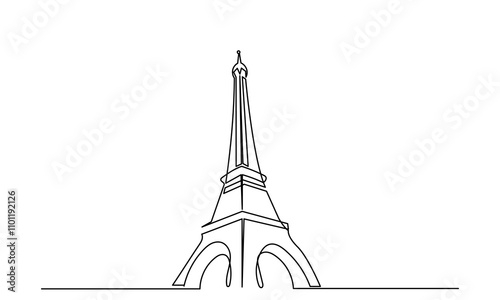A single continuous line drawing of the Eiffel Tower landmark is a line art Landmark of Paris. The Eiffel Tower is isolated on a white background. It is a Hand-drawn vector illustration.