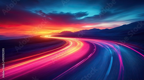 car speed lights glowing trail highway road line fast and long night exposure red lane blurred effect mountains and night sky abstract background with dynamic flashligh photo