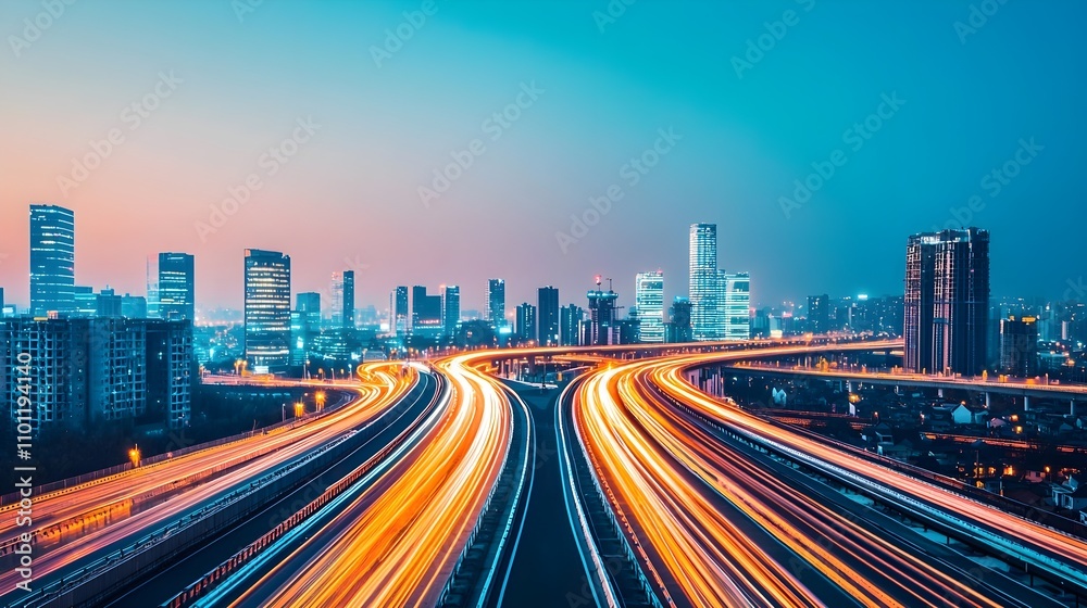 Fototapeta premium City Highway at Night, Light Trails, Urban Landscape