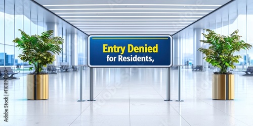 A modern airport interior featuring a sign stating 