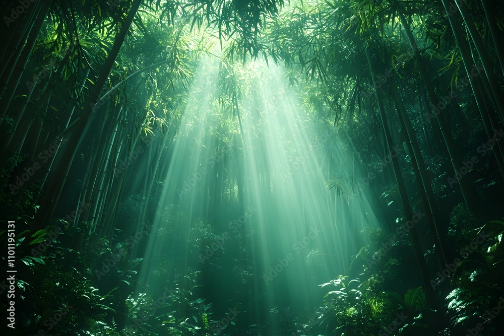 Naklejka premium Bamboo Forest with Sunlight Filtering Through