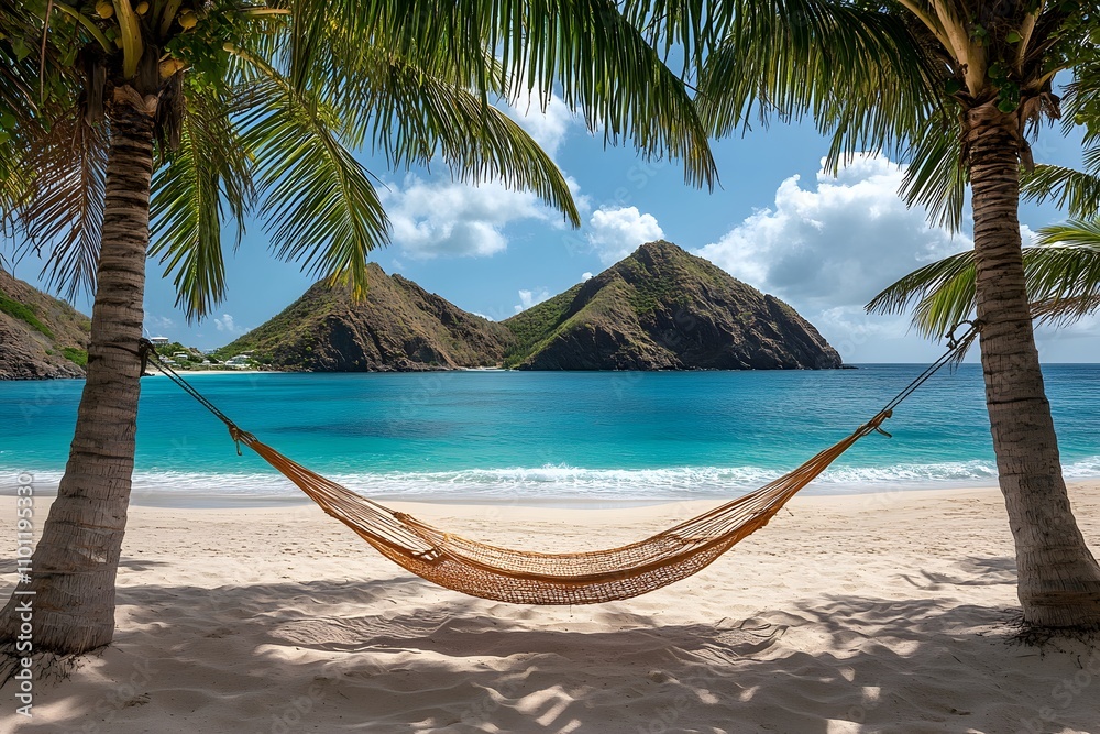 Fototapeta premium Empty Hammock between Palm Trees on Beach
