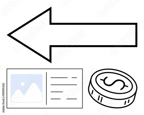Large left-pointing arrow with coin featuring dollar sign and identification card. Ideal for business navigation, financial guides, investment tools, online services, personal identification