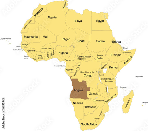 Detailed national location map of ANGOLA within the great continent of Africa