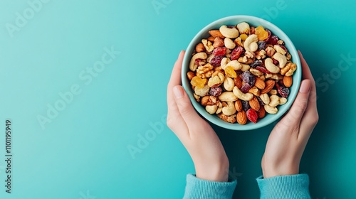 Fototapeta Naklejka Na Ścianę i Meble -  Healthy Snacking Choices - Close-up of Hands Holding Bowl of Mixed Nuts and Dried Fruits on Clean Background with Negative Space for Simple Composition