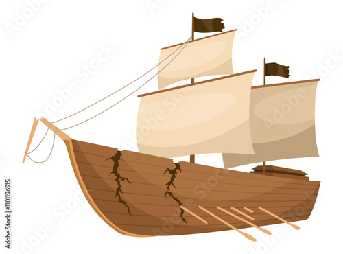 Broken ship icon. Cartoon wooden battered ship with tattered board after wreck or attack. Destroyed, wreck ship isolated on white background