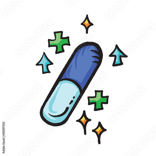 Blue medicine pill colorful illustration isolated on square white background. Simple flat outlined cartoon art styled drawing.