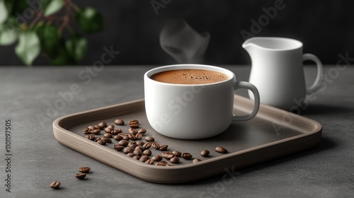 A steaming cup of coffee on a tray with coffee beans and a small creamer.