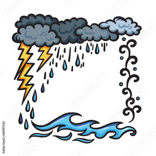 Gray clouds and rain water cycle frame colorful illustration isolated on square white background. Simple flat outlined cartoon art styled drawing.