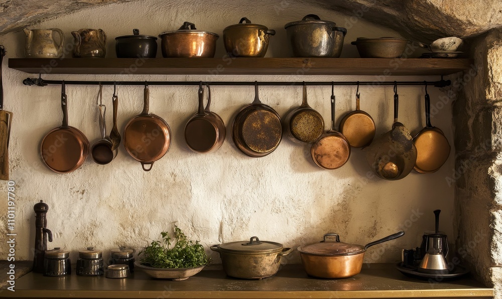 Antique copper cookware hangs, sits on shelves. Antique copper cookware hangs, sits on shelves.